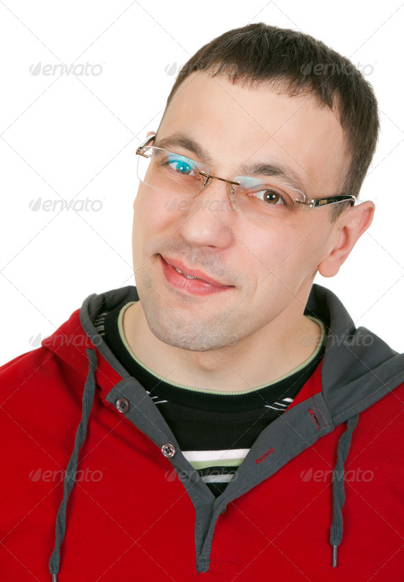 Portrait of a guy with glasses in a red dress - Stock Photo - Images