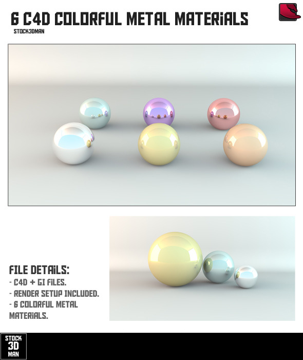 6 Colorful Cinema 4D Metal Materials - 3DOcean Item for Sale