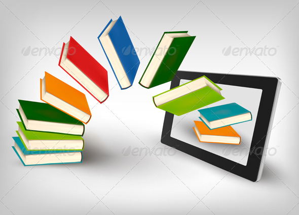 Books flying in a tablet. Vector illustration. - Concepts Business