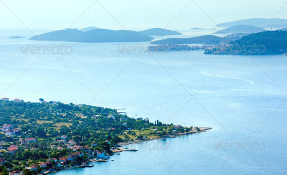 Morning summer coastline and village on seashore (Peljesac pe - Stock Photo - Images