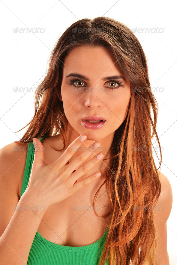 Portrait of a frightened young woman isolated on white - Stock Photo - Images