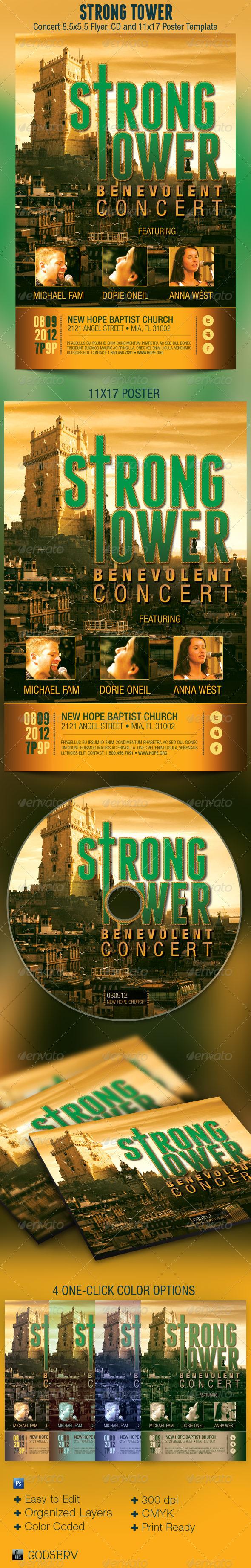 Strong Tower Church Flyer, Poster and CD Template - Church Flyers
