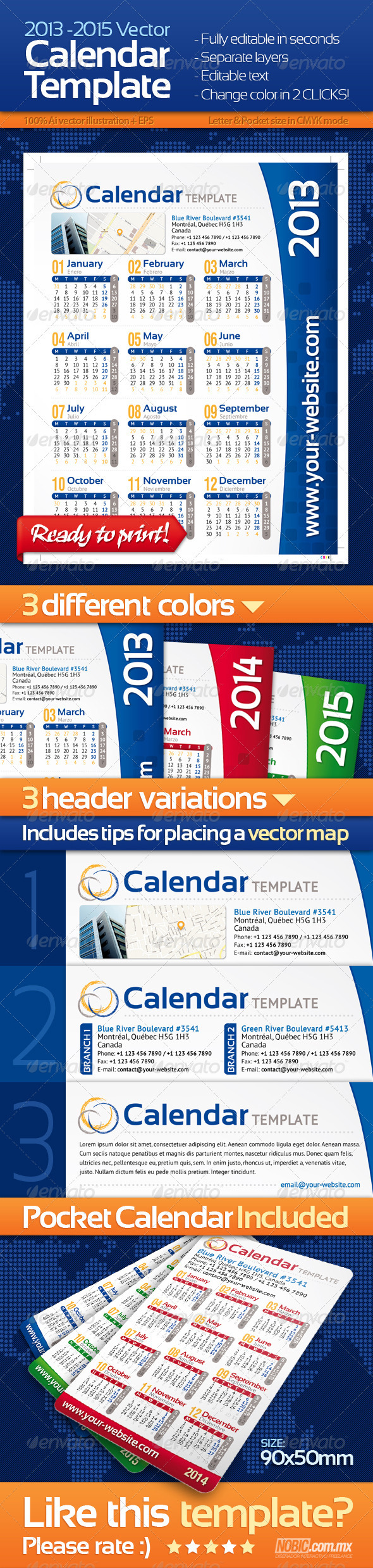 2013, 2014 and 2015 Calendar Template - Calendars Stationery