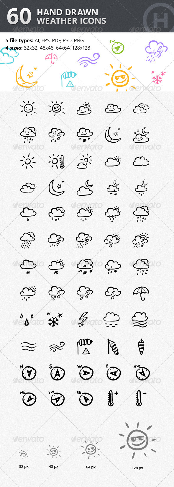 60 Hand-drawn Weather Icons - Web Icons