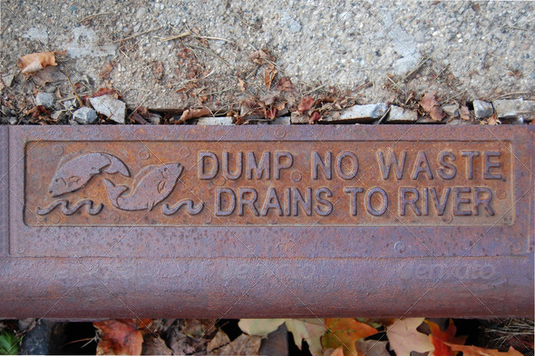 Dump No Waste Sign with Two Fish on Drain