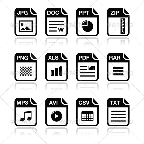 File type black icons with shadow set - zip, pdf, - Web Technology