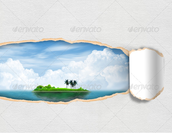 Torn paper with landscape island sky in opening background