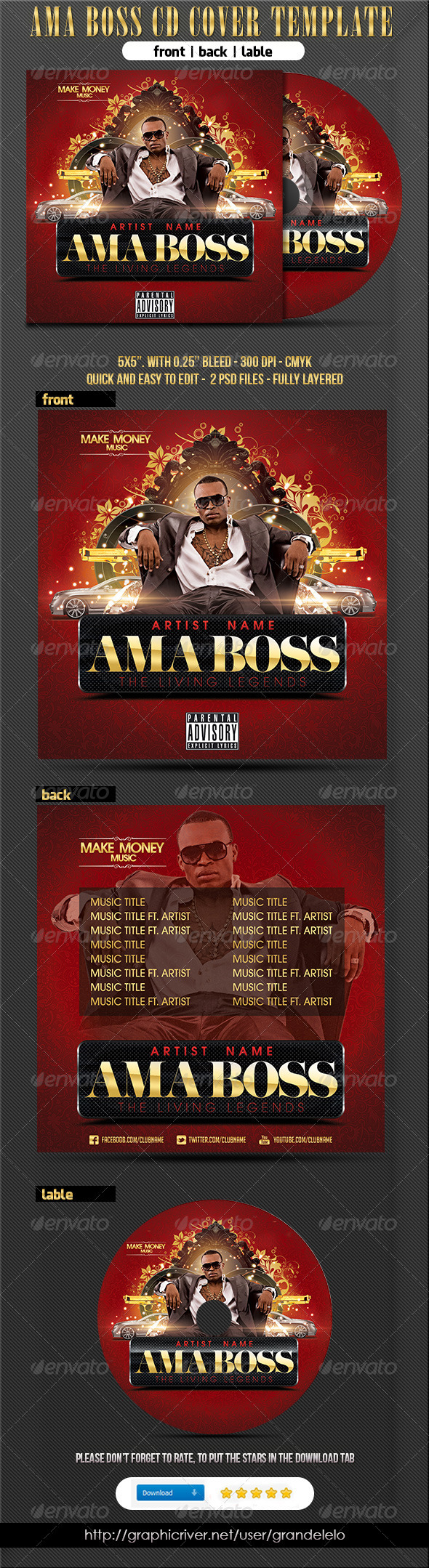Ama Boss Hiphop Cd Cover Template - CD & DVD artwork Print Templates