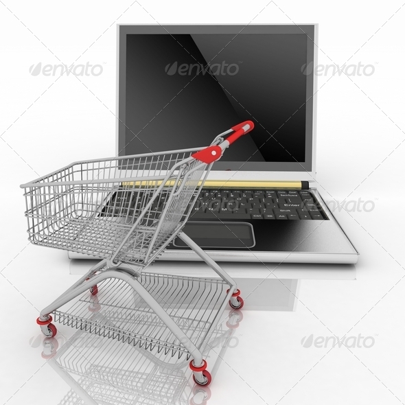 Shopping-cart and laptop isolated - Stock Photo - Images