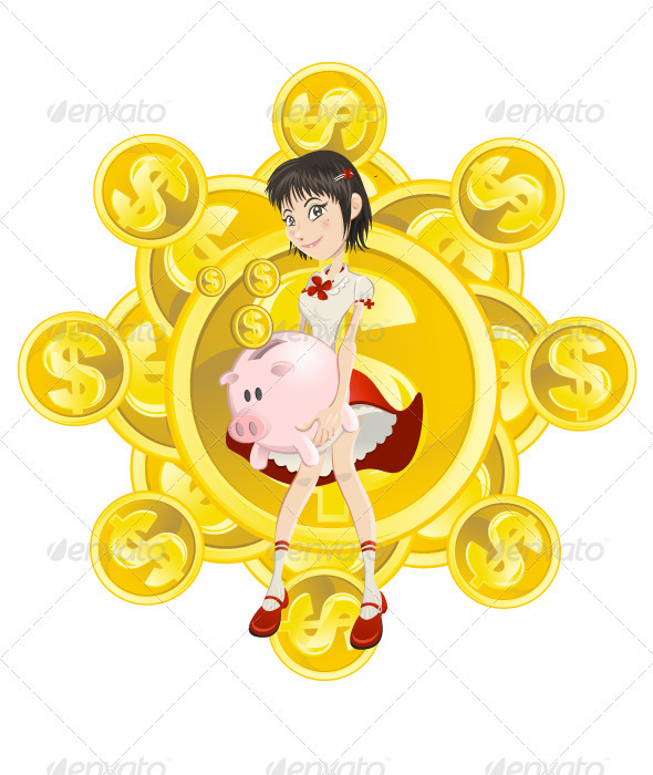 girl, piggy bank and gold coin - People Characters