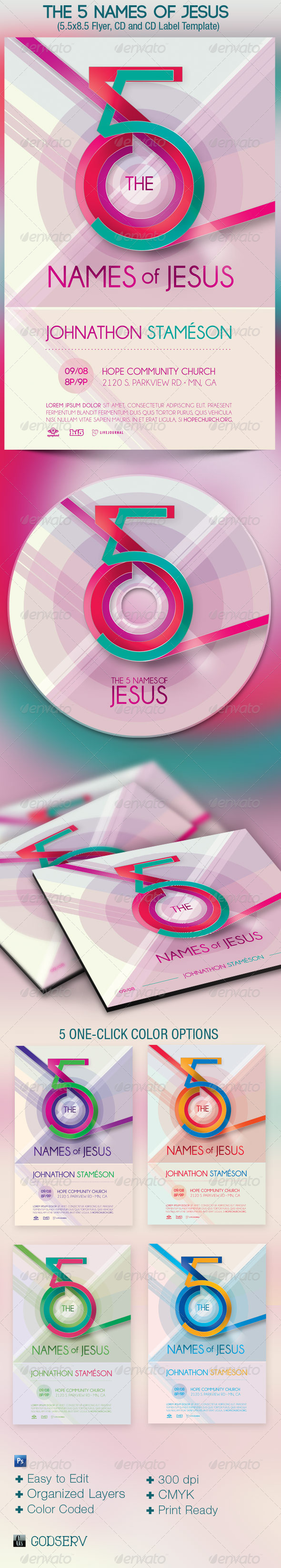 The 5 Names of Jesus Church Flyer and CD Template - Church Flyers