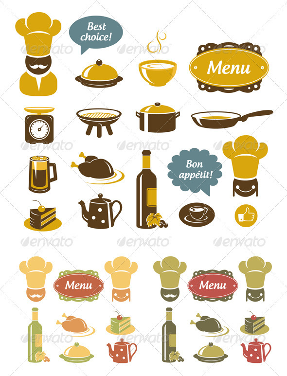 Kitchen And Restaurant Icons Set - Food Objects