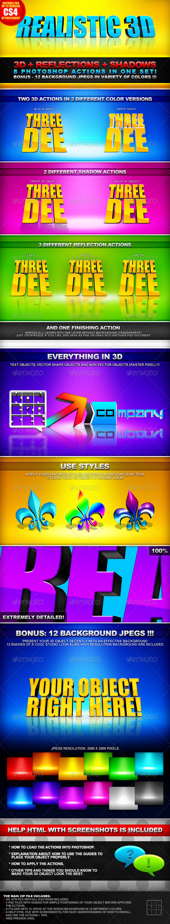 Realistic 3D -8 Actions - 3D+ Shadows + Reflection - Text Effects Actions