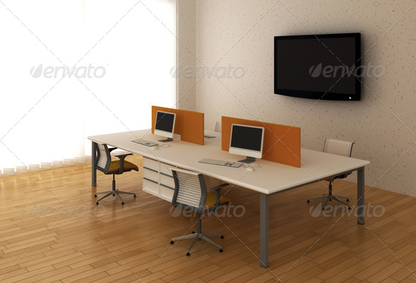 Interior Office with System office Desks and TV.