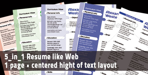 GraphicRiver 5 in 1 One Page Resume template look like Web page 109572 GraphicRiver 5 in 1 One Page Resume template look like Web page 109572