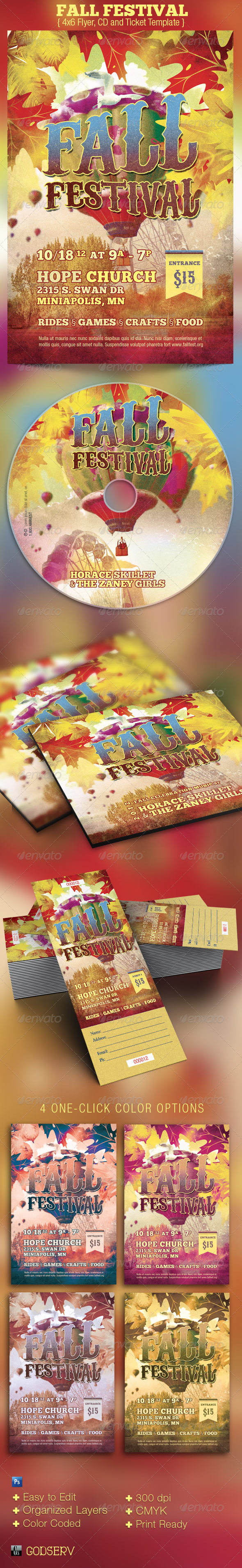 Fall Festival Church Flyer, CD and Ticket Template - Church Flyers