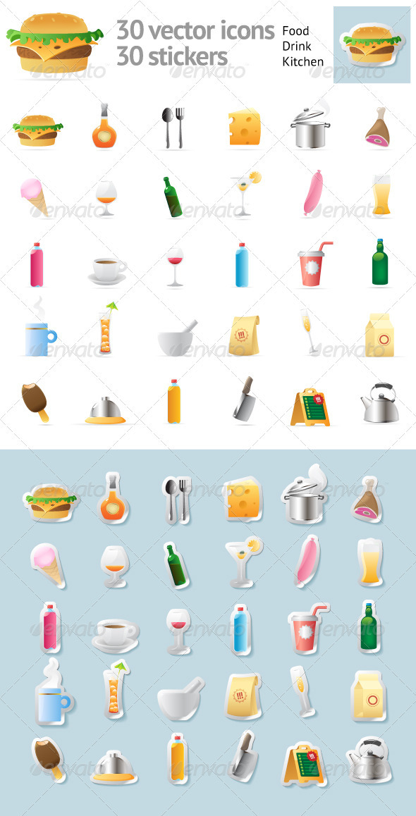 GraphicRiver Set Of 30 Vector Icons For Food And Drinks 3171939 GraphicRiver Set Of 30 Vector Icons For Food And Drinks 3171939