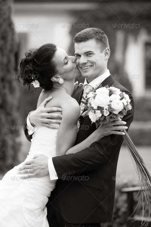 Happy young couple just married – BW photo