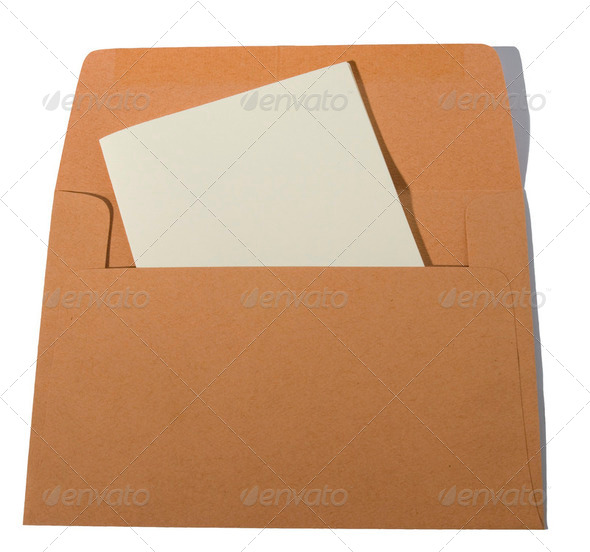 Orange brown envelope with cream letter isolated on white. - Stock Photo - Images