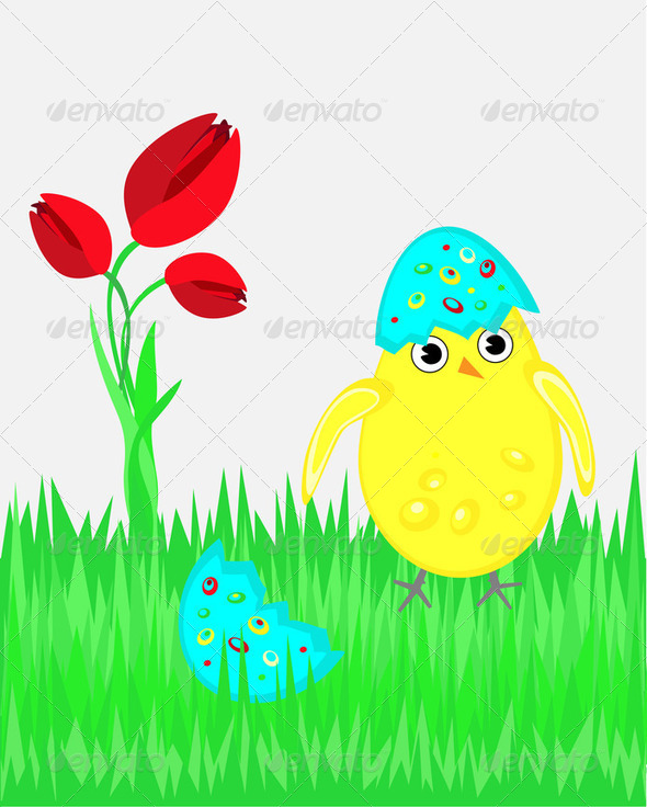 Happy Easter illustration with funny chicken - Stock Photo - Images