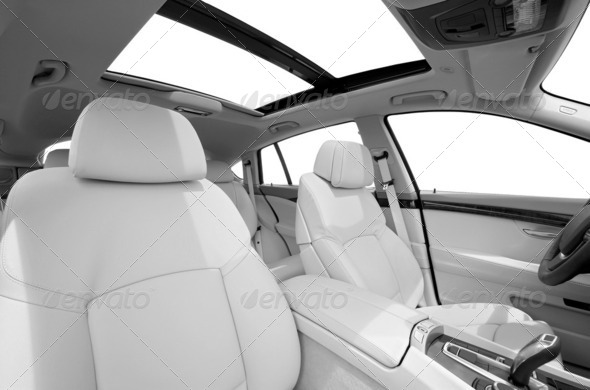 Seats and panarama window in modern white sport car, back view - Stock Photo - Images