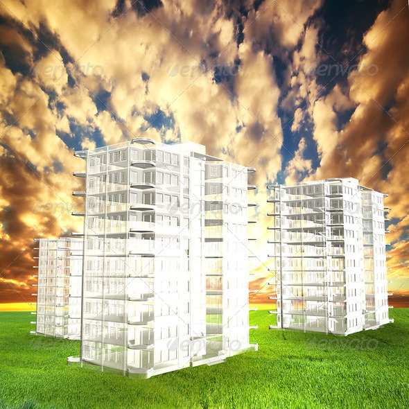 New blocks of flats project on field at sunset - Stock Photo - Images