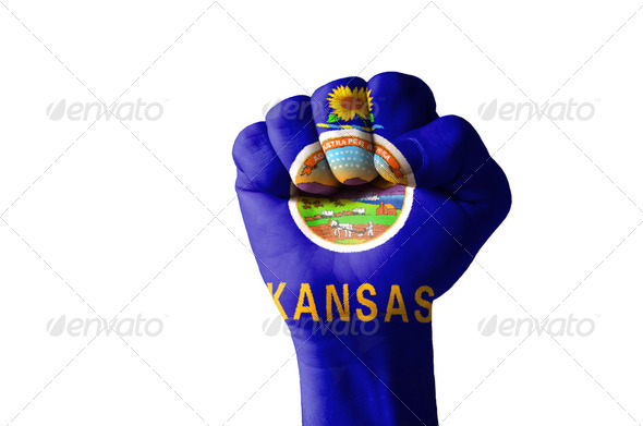 Fist painted in colors of us state of kansas flag - Stock Photo - Images