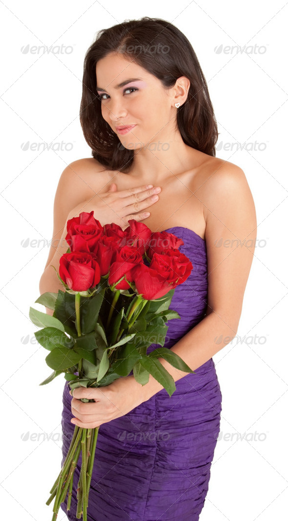 Happy Woman Holding Roses - Stock Photo - Images
