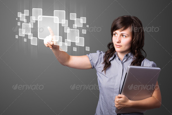 Businesswoman pressing high tech type of modern buttons - Stock Photo - Images