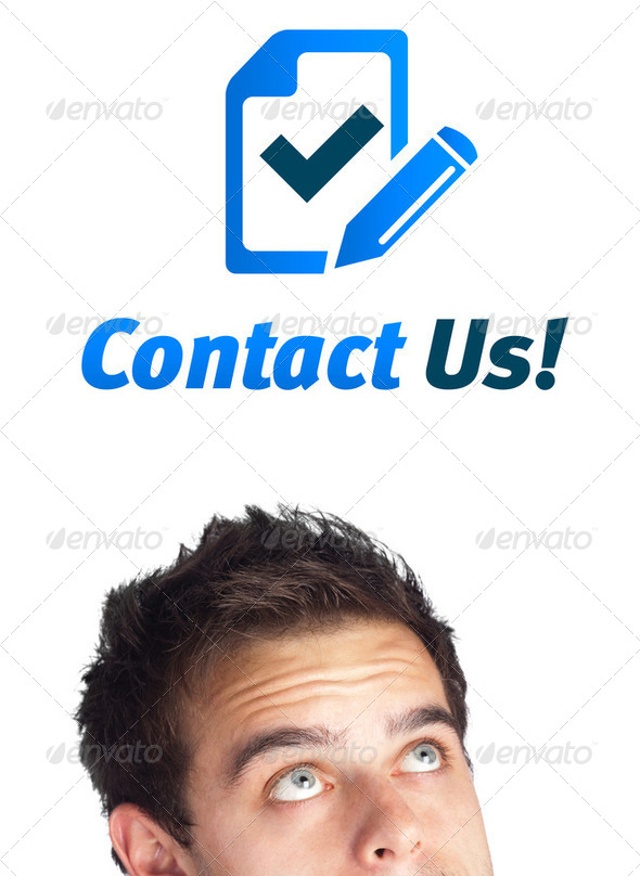 Young head looking at support contact type of icons and signs - Stock Photo - Images