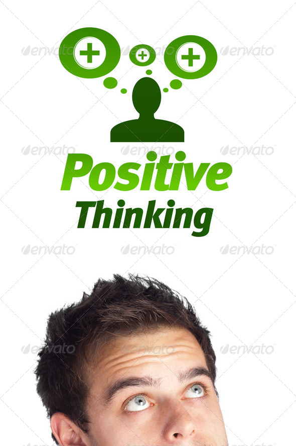 Young head looking at positive negative signs - Stock Photo - Images