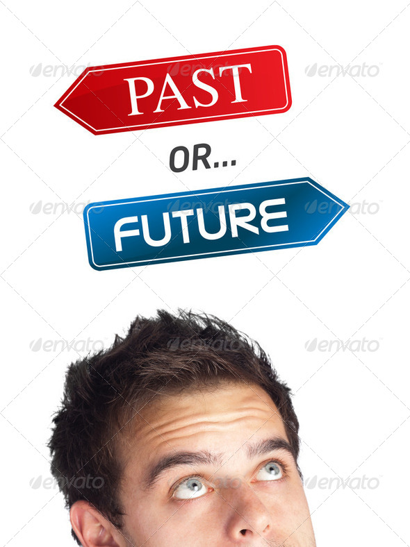 Young head looking at positive negative signs - Stock Photo - Images