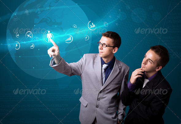 Businessman pressing modern social type of icons - Stock Photo - Images