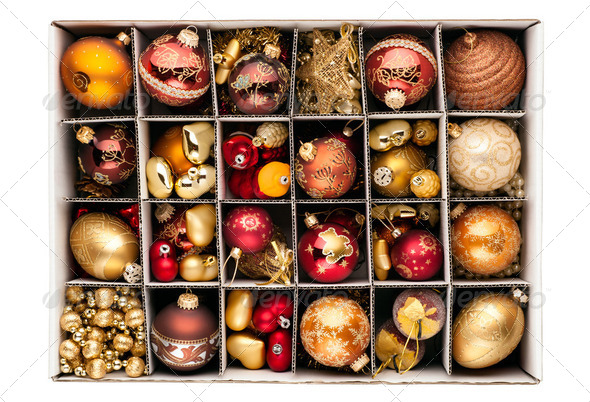 Christmas decorations in a box - Stock Photo - Images