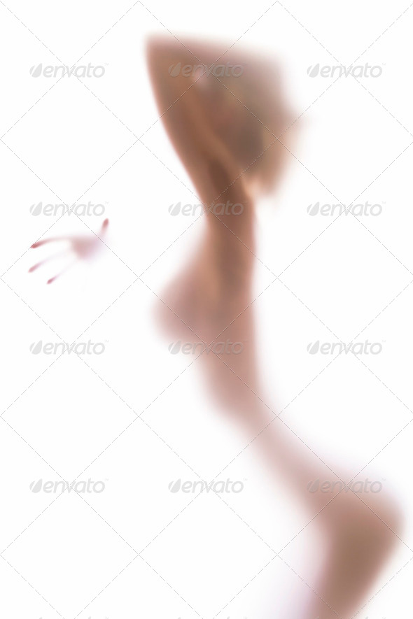 Blurred glass of bathroom hiding sexy woman body silhouette - on - Stock Photo - Images