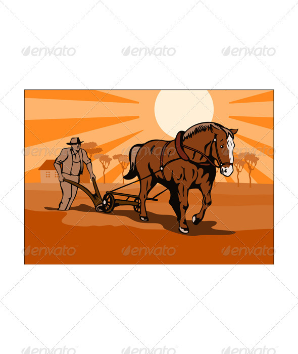 GraphicRiver Farmer and Horse Plowing Farm Retro 3331808 GraphicRiver Farmer and Horse Plowing Farm Retro 3331808
