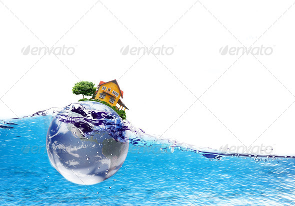 Earth and house falls deeply under water with a splash.Elements - Stock Photo - Images