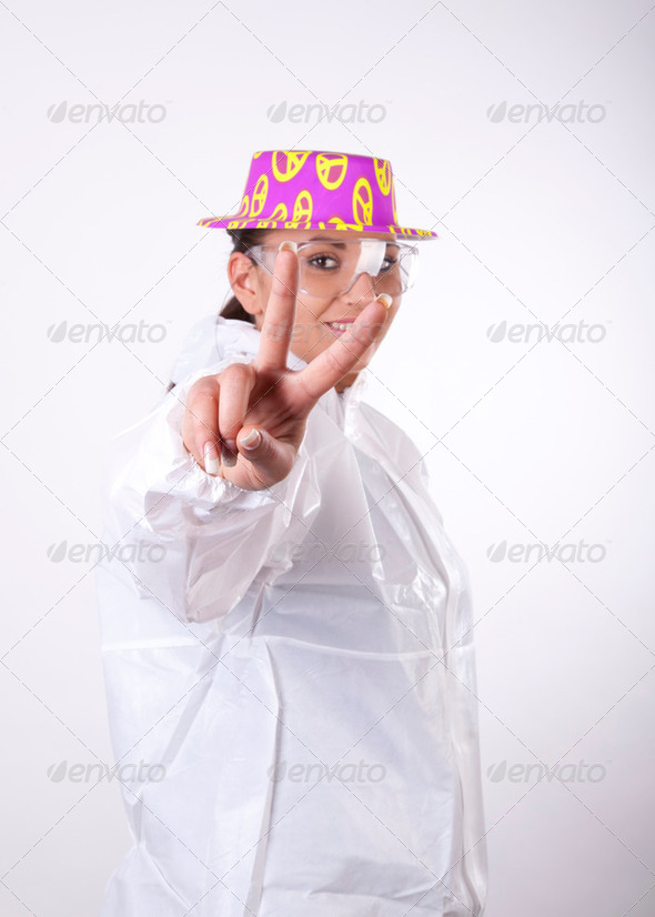 Young lab technician showing sign peace - Stock Photo - Images