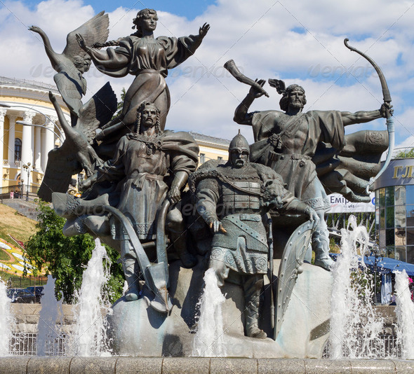 Monument of City-founders at Independence Square in Kiev, Ukrain - Stock Photo - Images