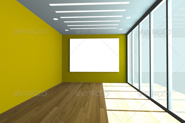 empty office room with yellow wall and wood floor - Stock Photo - Images