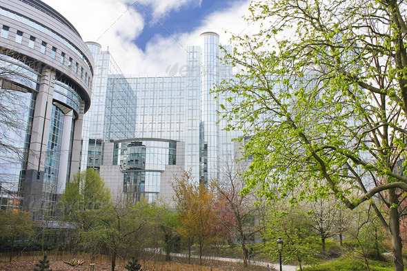 Park near the building of the European Parliament in Brussels - Stock Photo - Images