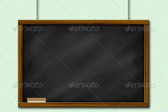 Chalkboard blackboard with frame and brush hang on green wall by chain - Stock Photo - Images