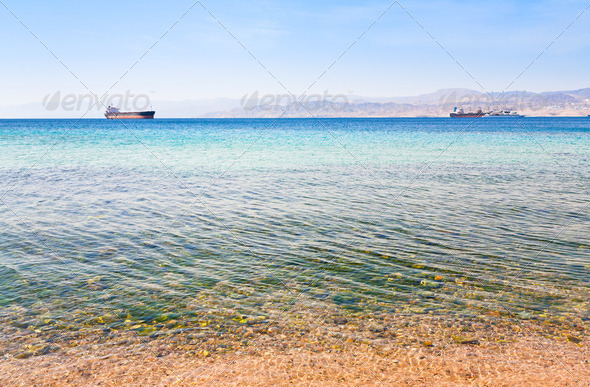 view on Israel mountain through Red Sea from Aqaba port - Stock Photo - Images