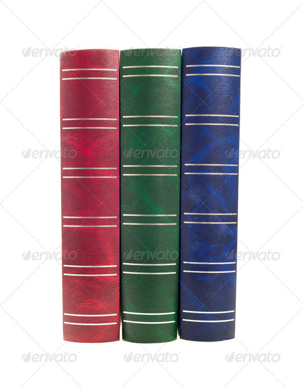 Books. Three old style red, green blue isolated on white - Stock Photo - Images