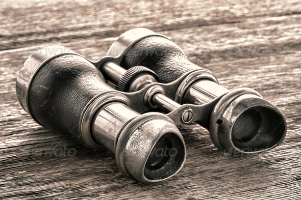 Old Vintage Binoculars on Antique Aged Wood Board - Stock Photo - Images
