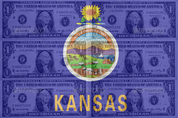 US state of kansas flag with transparent dollar banknotes in bac - Stock Photo - Images