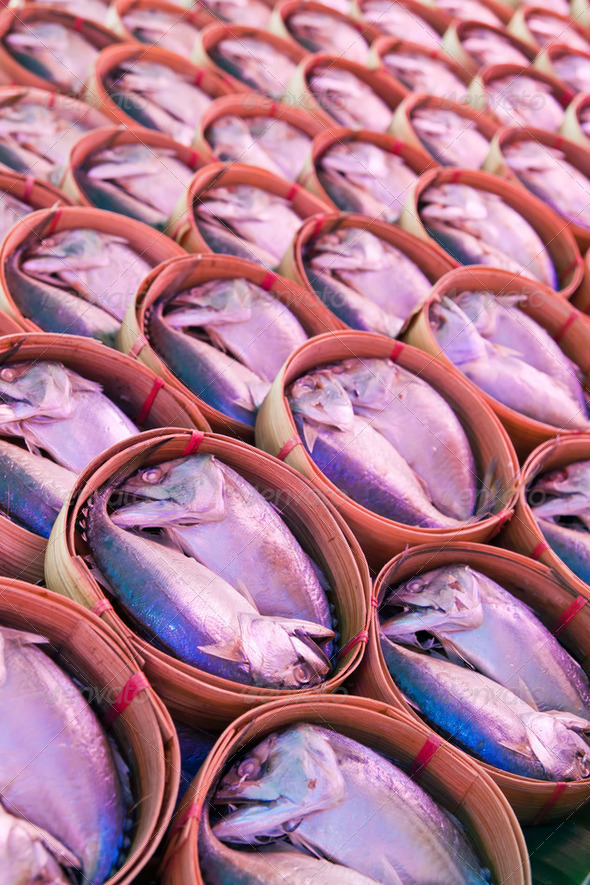 Mackerel fish in bamboo basket at market,Samutsongkram province-Thailand - Stock Photo - Images