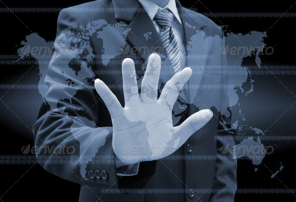 businessman hand pushing a button on a touch screen interface - Stock Photo - Images