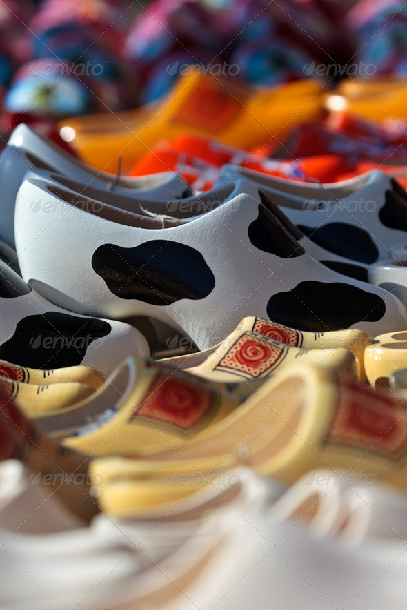 Different styled clogs on a tourist market - Stock Photo - Images