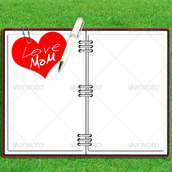 Paper note book leather cover with pen and red heart paper love mum over grass - Stock Photo - Images